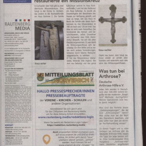 Heimat und Geschichtsverein Nörvenich restauriert ein Missionskreuz