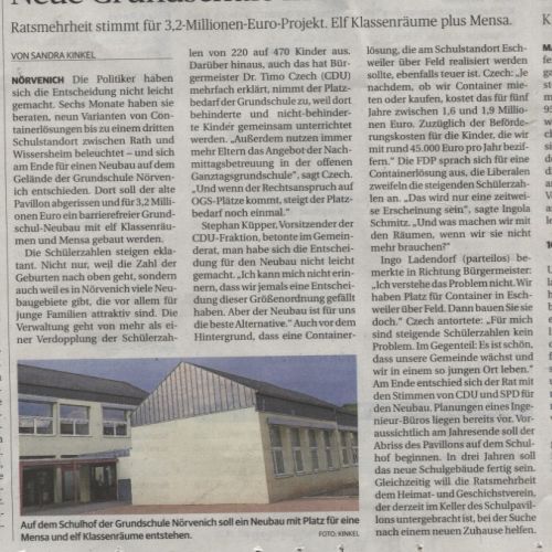 Neue Grundschule in Nörvenich - Ratsmehrheit stimmt für 3,2 Millionen-Euro-Projekt. Elf Klassenräume plus Mensa.