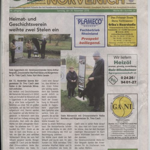 Heimat und Geschichtsverein weihte zwei Stelen ein - Am 15. November konnte Bürgermeister Dt. Timo Czech zwei Stelen in der Gemeinde Nörvenich enthüllen.